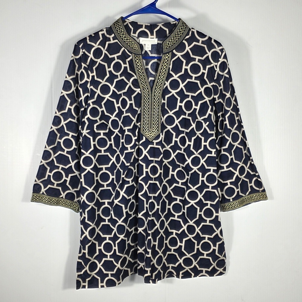 Charter Club Navy Geometric Tunic Top Gold Metallic Split Neck 3/4 Sleeve M